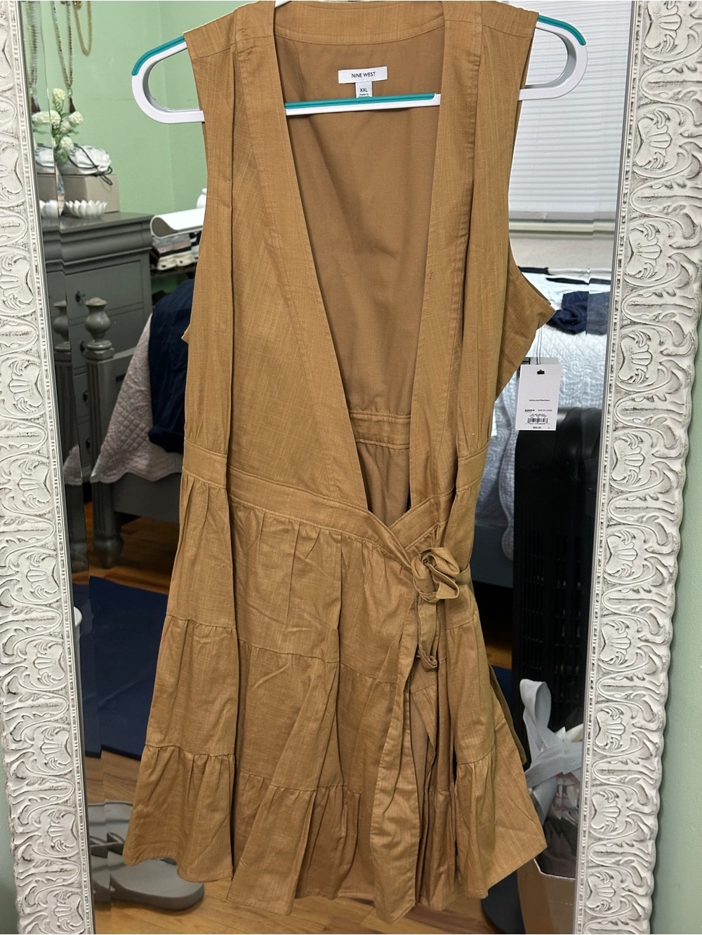 Nine West Sleeveless Tie-Waist Tiered Dress in Camel Brown | Size XXL